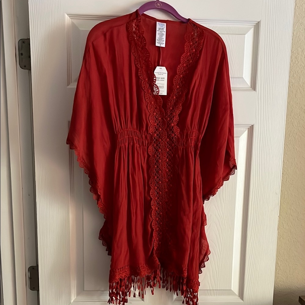 NWT. Red Lace Kimono Bathing Suit Cover Up with Fringe